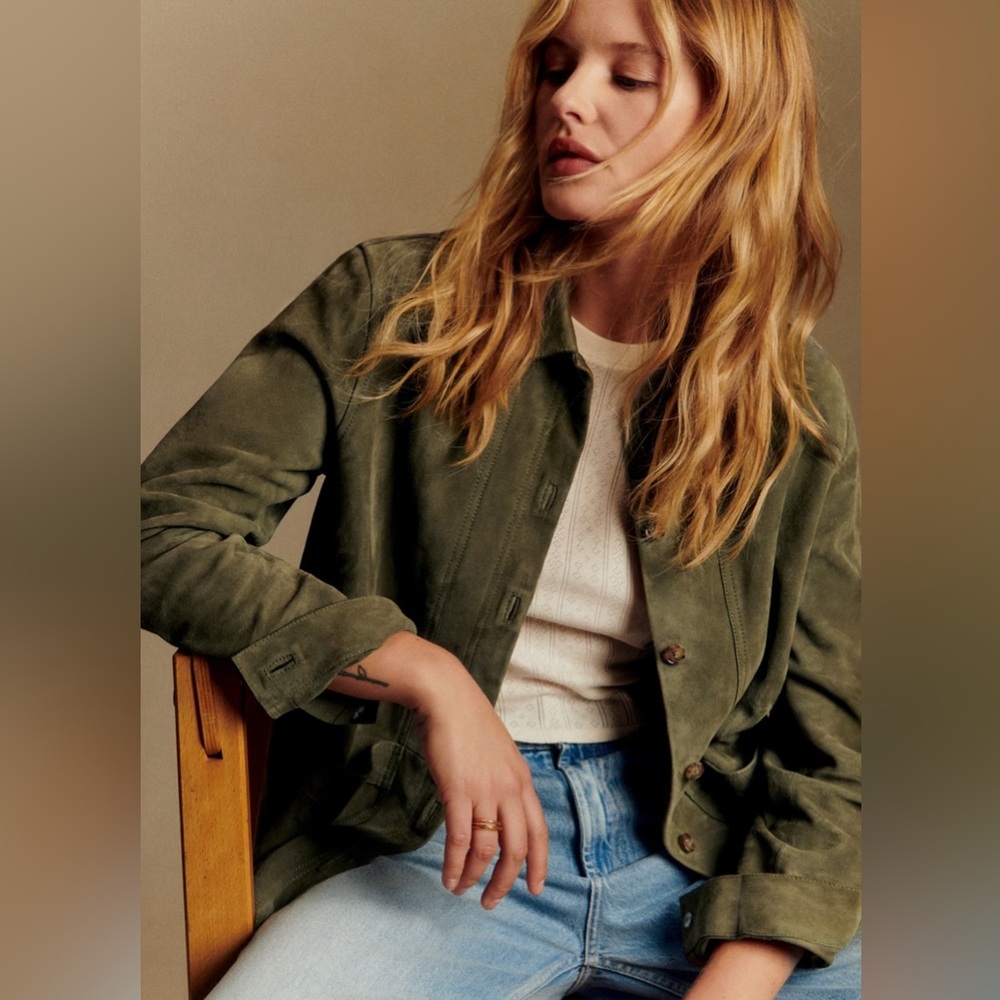 Sezane Will Jacket in Suede Olive Green